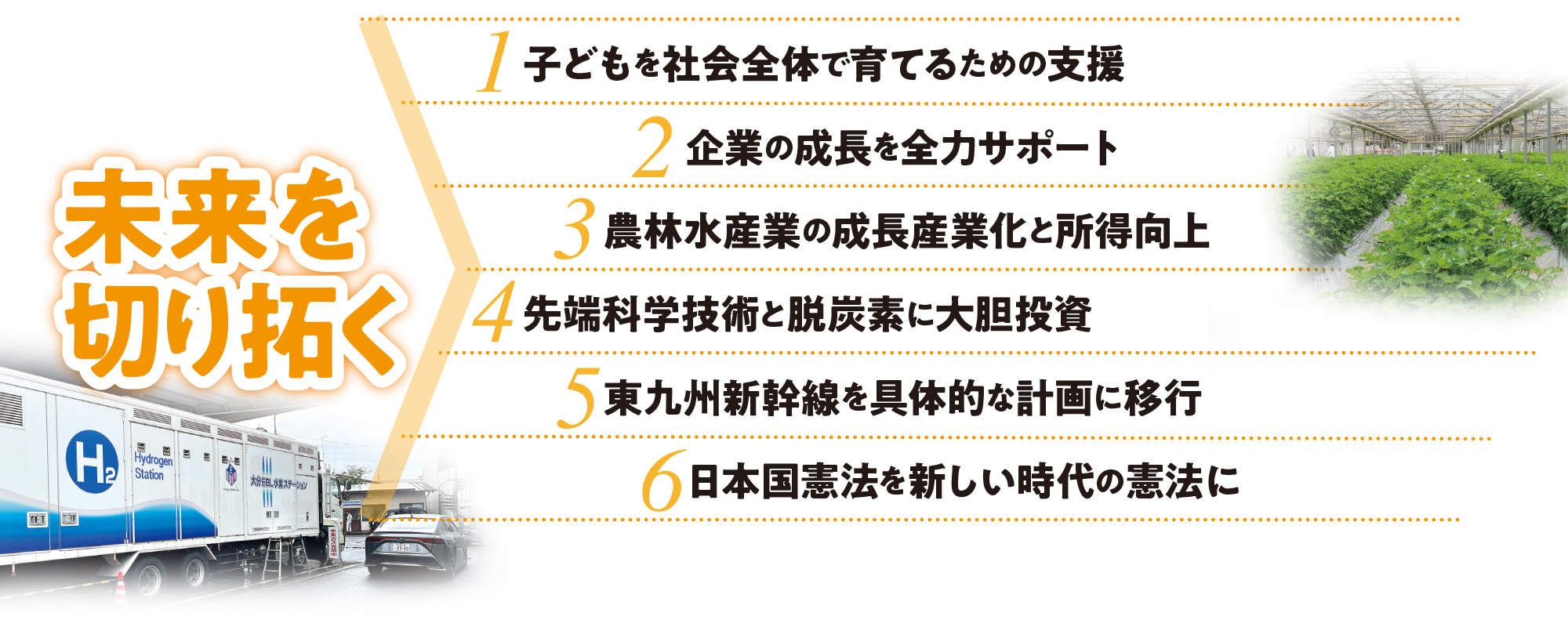 未来を切り拓く：1.⼦どもを社会全体で育てるための⽀援 2.企業の成⻑を全⼒サポート 3.農林⽔産業の成⻑産業化と所得向上 4.先端科学技術と脱炭素に⼤胆投資 5.東九州新幹線を具体的な計画に移⾏ 6.⽇本国憲法を新しい時代の憲法に