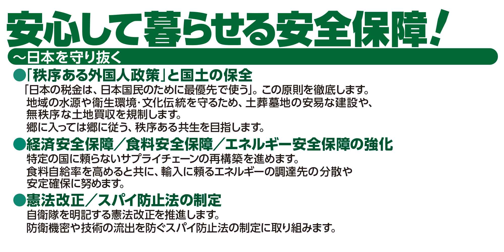 くらしを守る：1.物価⾼の克服と賃上げの実現 2.徹底した災害対策と被害地の復旧・復興 3.安⼼できる医療・介護・福祉の充実 4.サポートが必要な⽅、困難を抱えた⽅に寄り添う⽀援 5.⽣きる⼒を育てる教育と⼈への投資 6.いのちとくらしを守る防衛⼒の強化